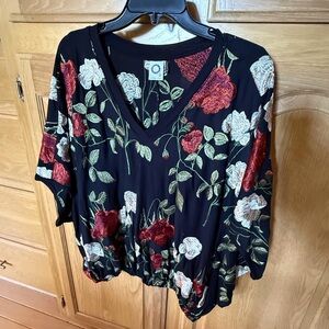Anthropologie Black Floral V-Neck Blouse